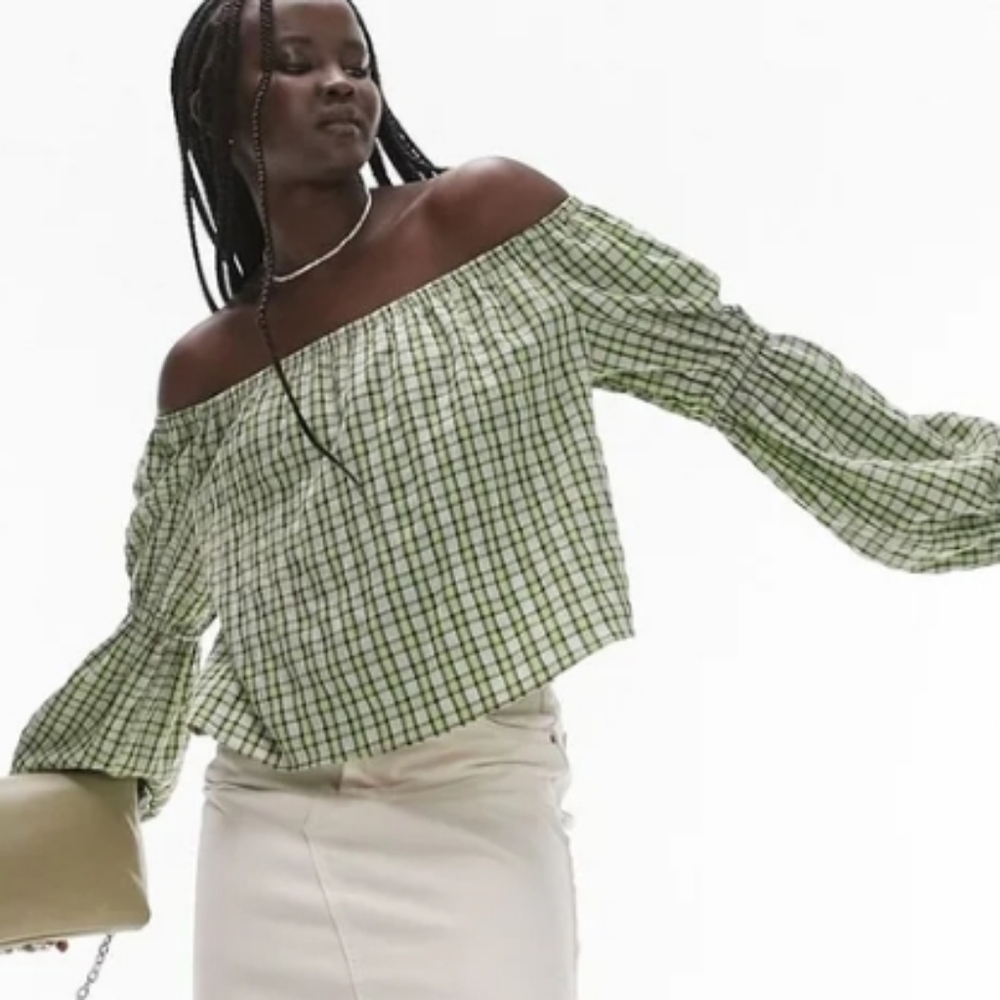 Topshop Bardot Crop Top Green And White Plaid
